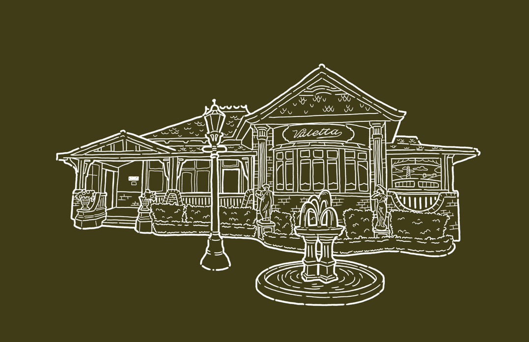 Cafe Valetta's own line drawing of the 1911 house — verandahs, bay windows and the fountain courtyard