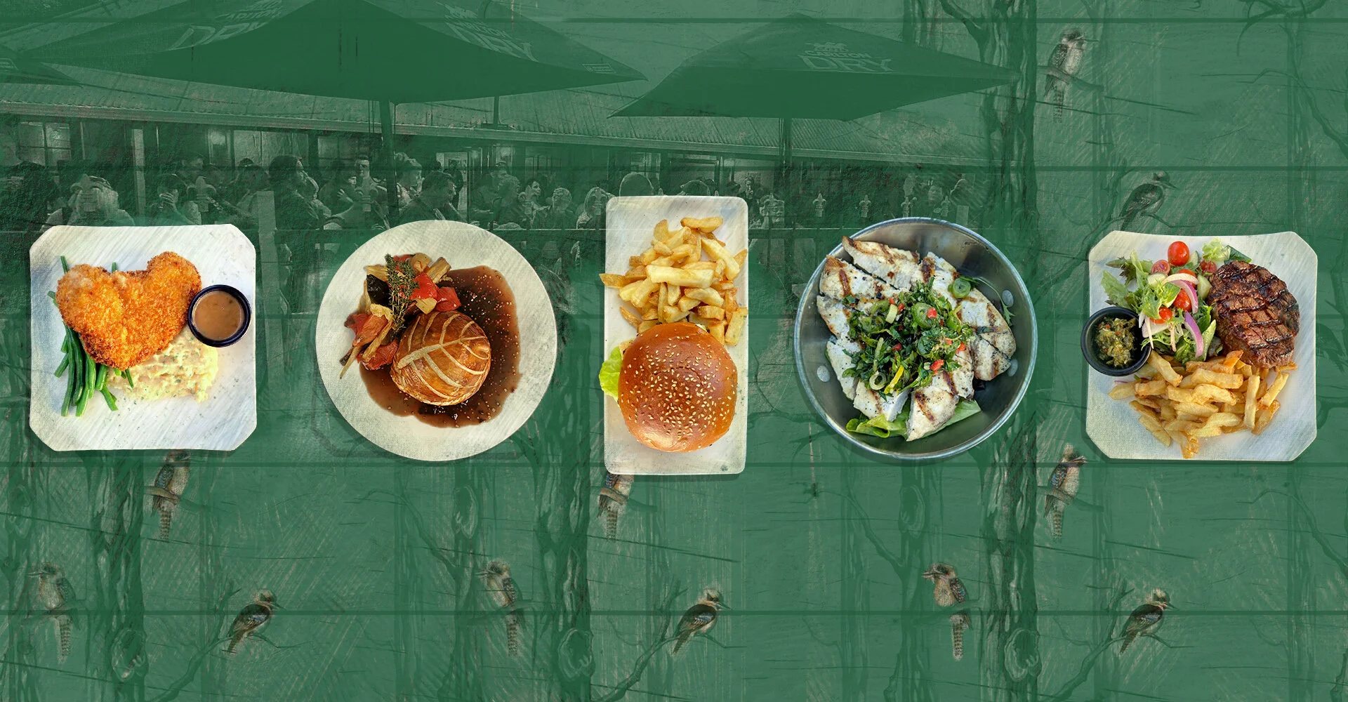 Plates from the inn's kitchen — schnitzel, pie, burger, grilled fish and steak