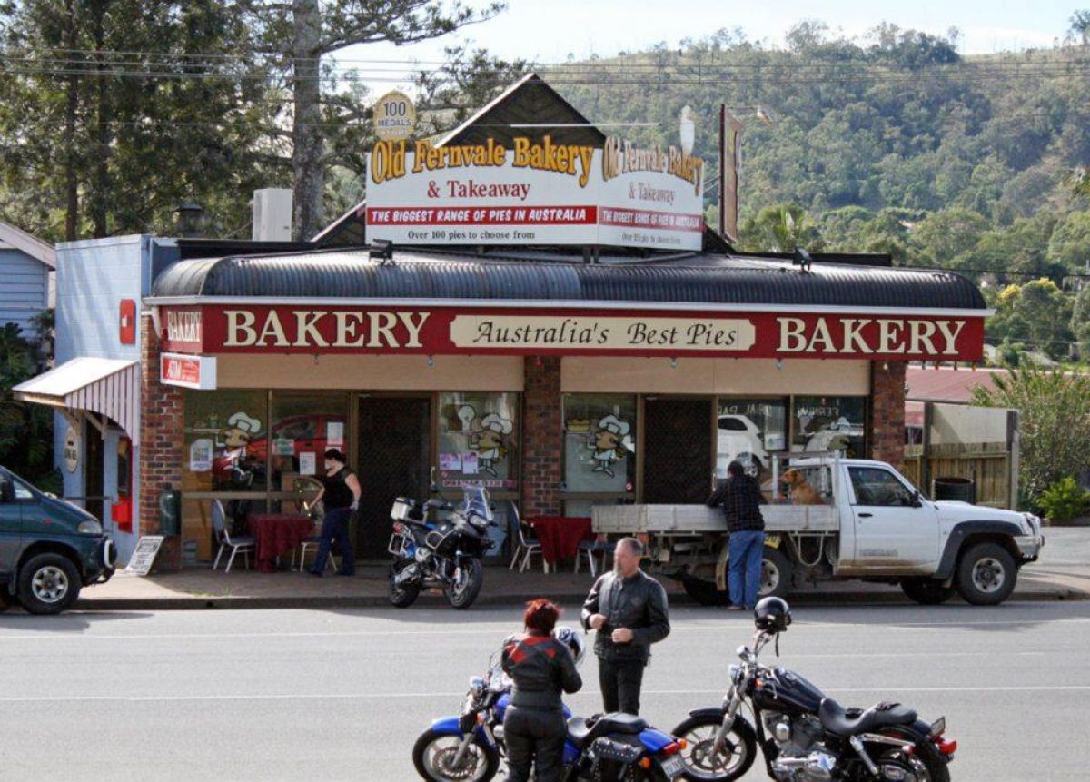 The Old Fernvale Bakery shopfront on the Brisbane Valley Highway, under its Australia's Best Pies sign